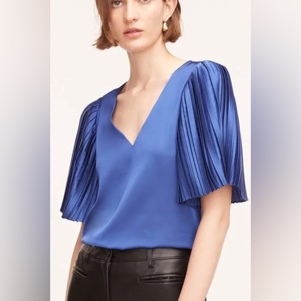 Rebecca Taylor Royal Blue V-Neck Blouse with Pleated Sleeves NWT